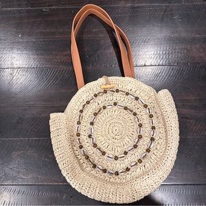 INC Melania Wicker Shell Tote Shoulder Bag Circle Natural Boho Woven Straw